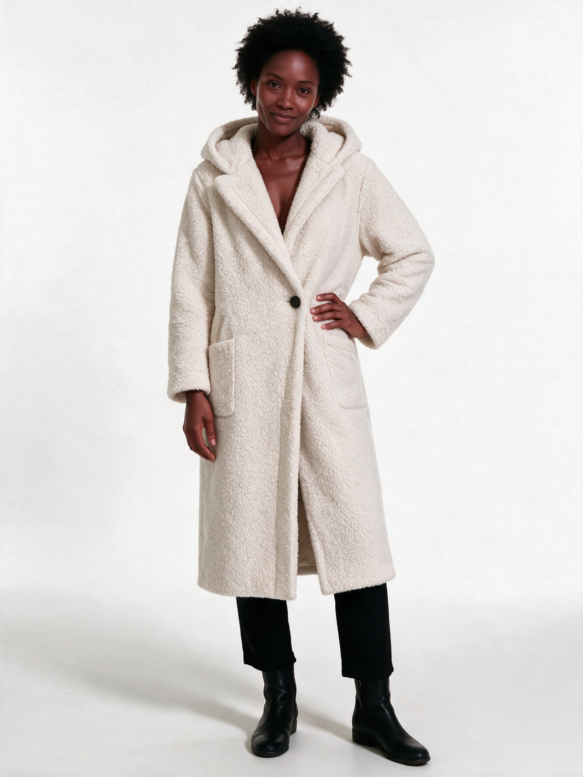 Solveig - Women's Long Hooded Textured Coat - Ivory