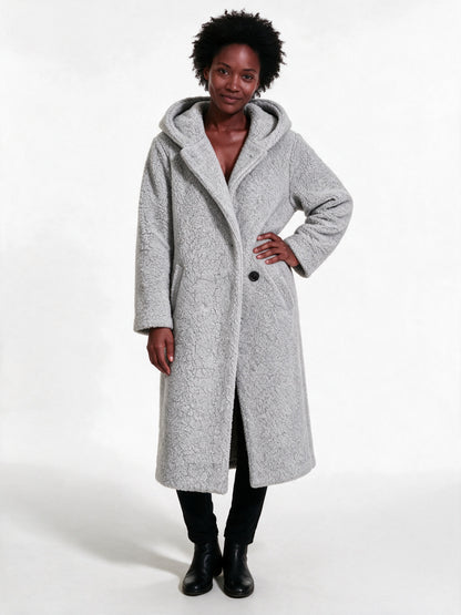 Solveig - Women's Long Hooded Textured Coat - Light Gray