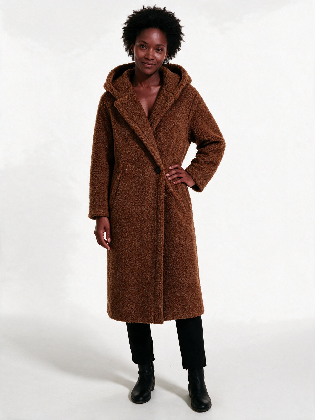 Solveig - Women's Long Hooded Textured Coat - Rust
