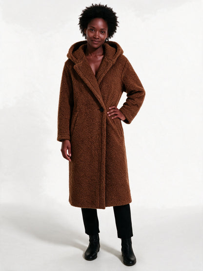 Solveig - Women's Long Hooded Textured Coat - Rust