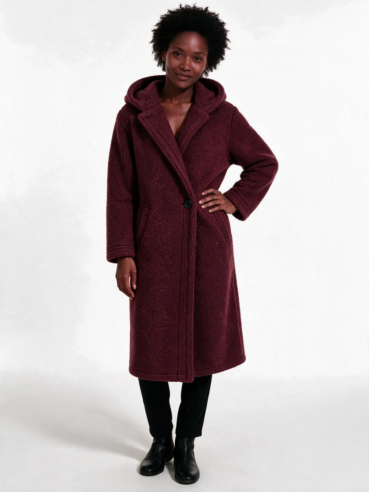 Solveig - Women's Long Hooded Textured Coat - view 1