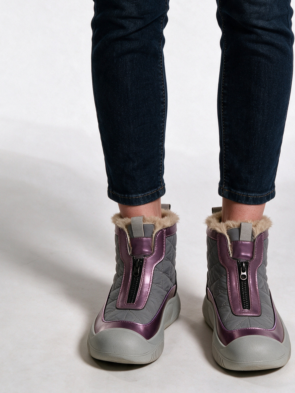Sonja - Women's Quilted Front Zip Ankle Boots with Fluffy Lining - Gray Purple