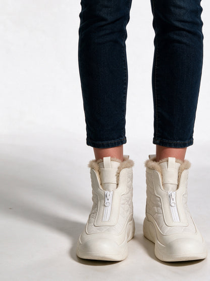 Sonja - Women's Quilted Front Zip Ankle Boots with Fluffy Lining - White