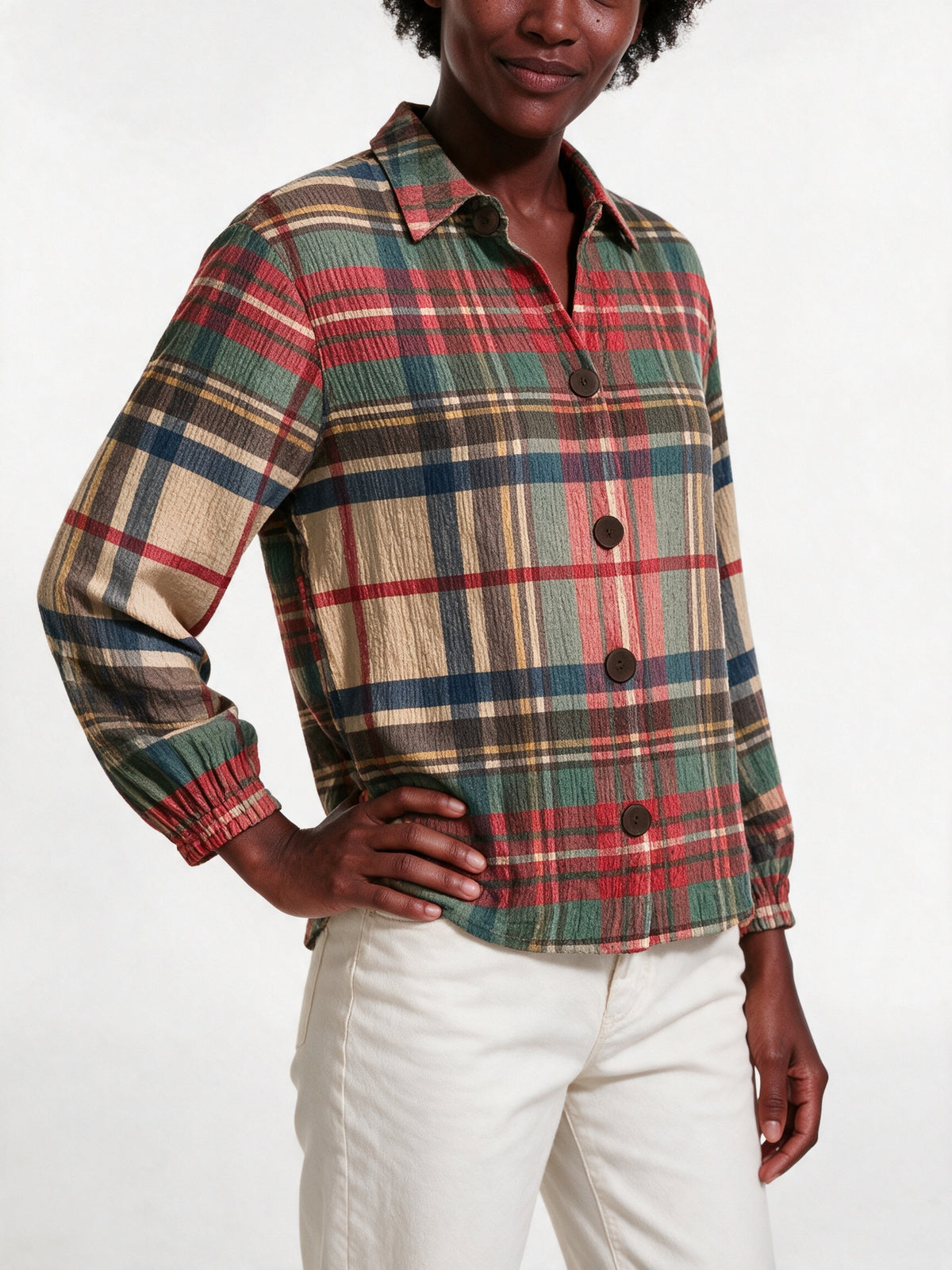 Sorcha - Women's Textured Plaid Button Front Shirt - view 3