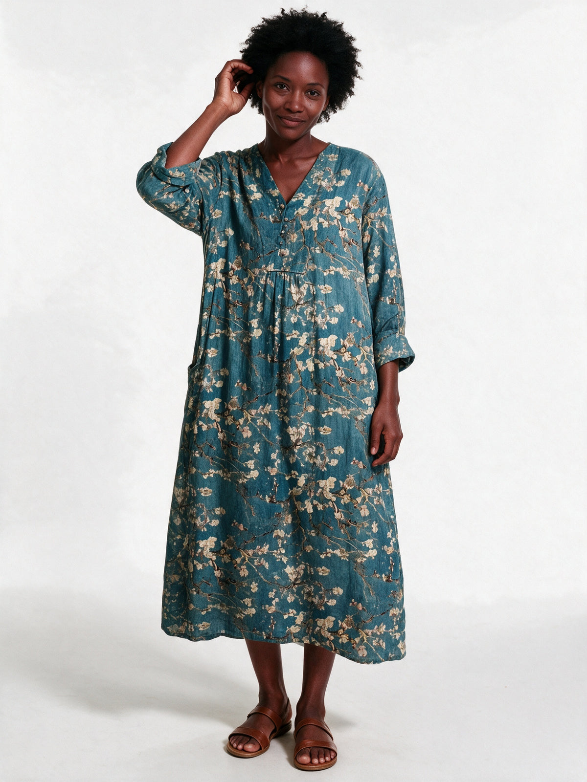 Stephanie - Printed Relaxed Fit Long Sleeve Midi Dress - Blue Blossom (Style 7)