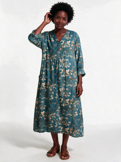Stephanie - Printed Relaxed Fit Long Sleeve Midi Dress - Blue Blossom (Style 7)