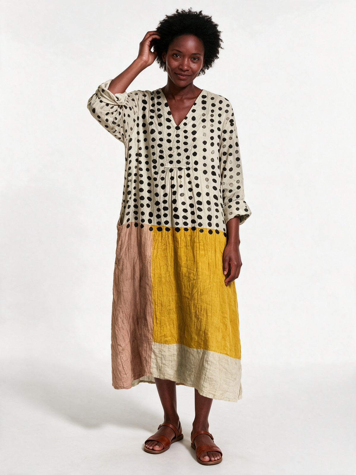 Stephanie - Printed Relaxed Fit Long Sleeve Midi Dress - Dot and Mustard (Style 2)