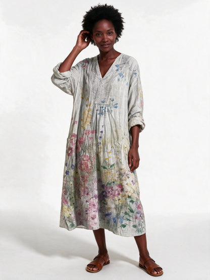 Stephanie - Printed Relaxed Fit Long Sleeve Midi Dress - Meadow Floral (Style 5)