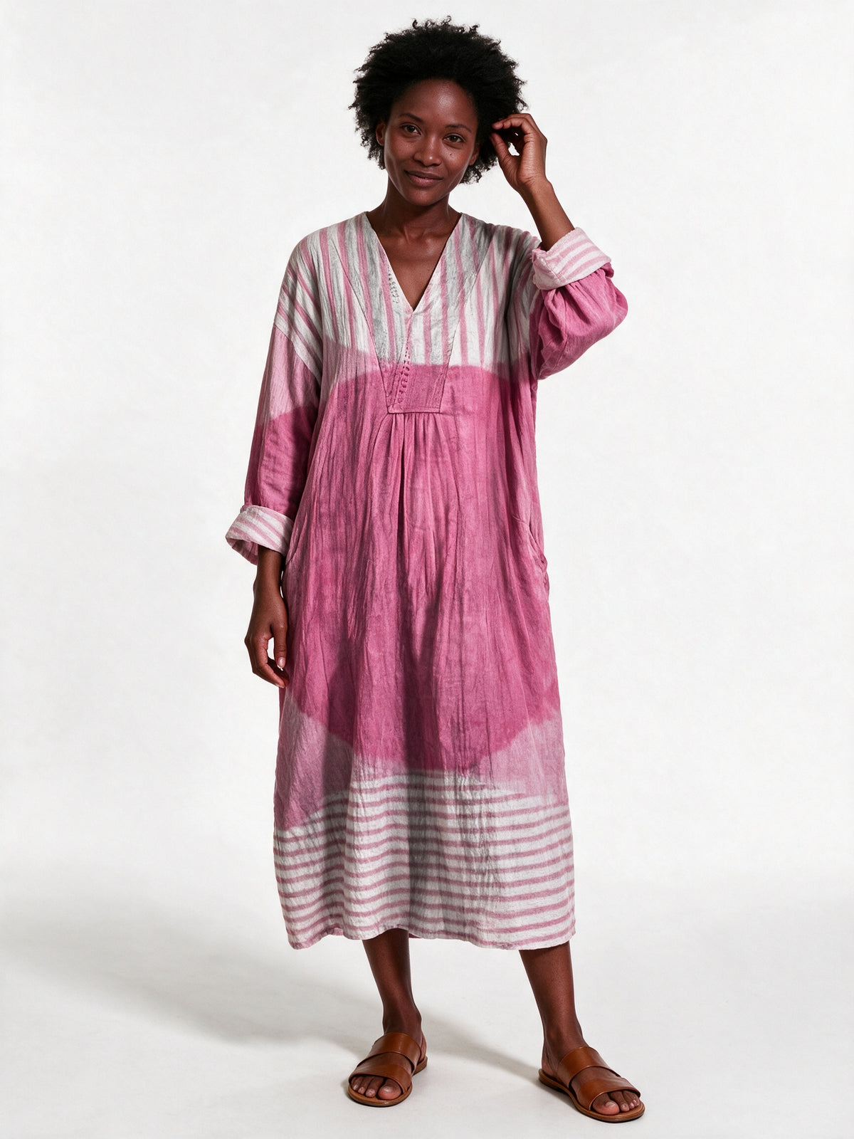 Stephanie - Printed Relaxed Fit Long Sleeve Midi Dress - Pink Stripe Block (Style 4)