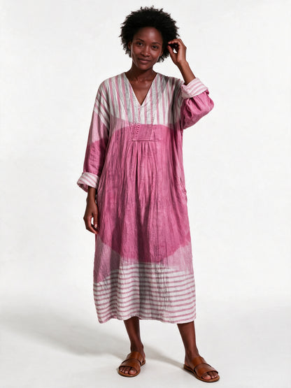 Stephanie - Printed Relaxed Fit Long Sleeve Midi Dress - Pink Stripe Block (Style 4)