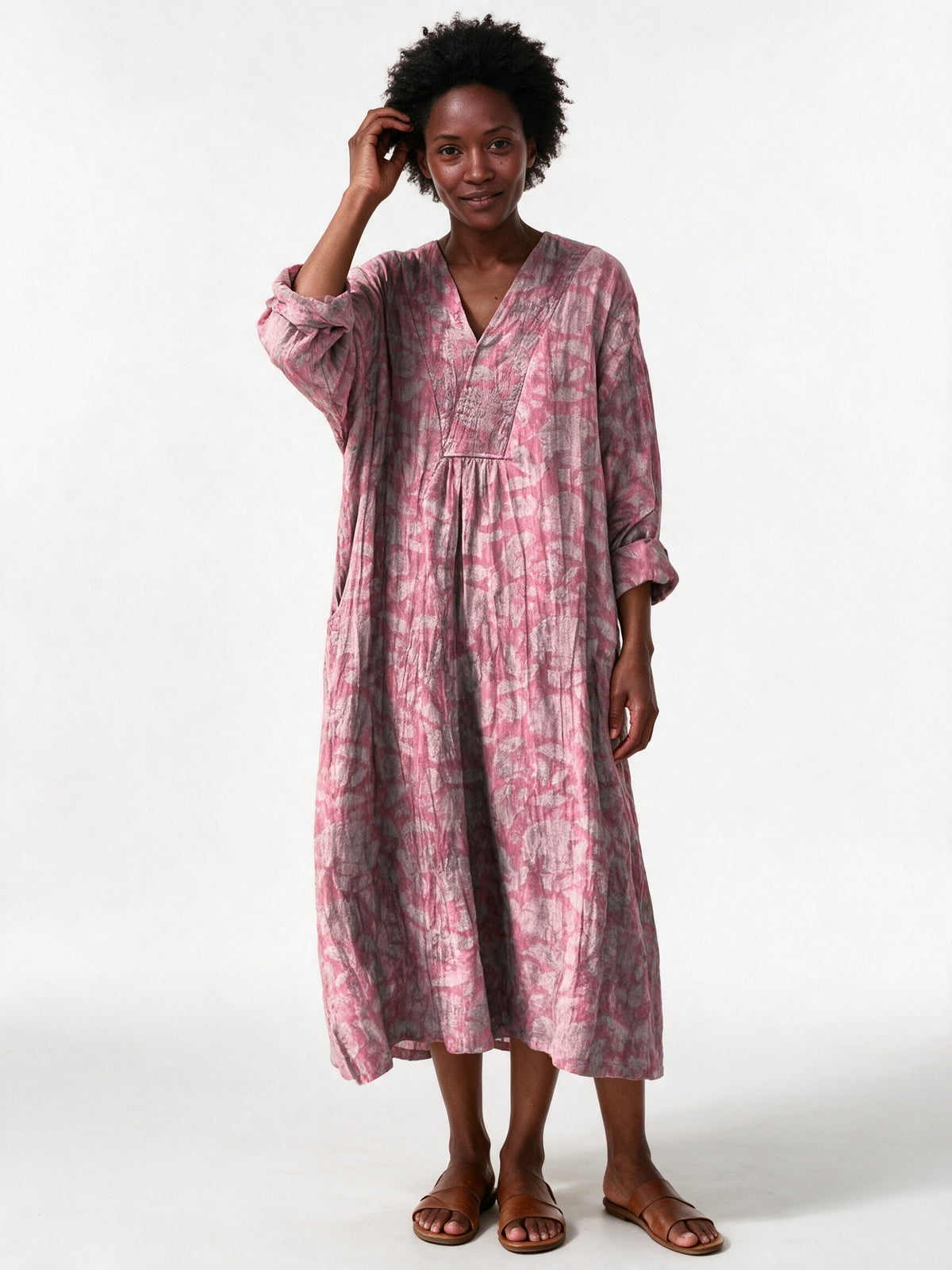 Stephanie - Printed Relaxed Fit Long Sleeve Midi Dress - Pink Wash (Style 6)