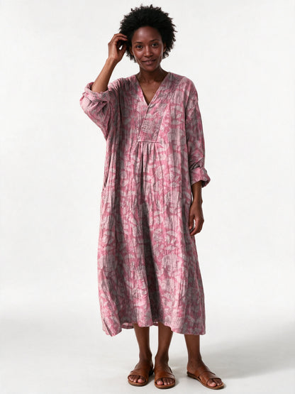 Stephanie - Printed Relaxed Fit Long Sleeve Midi Dress - Pink Wash (Style 6)