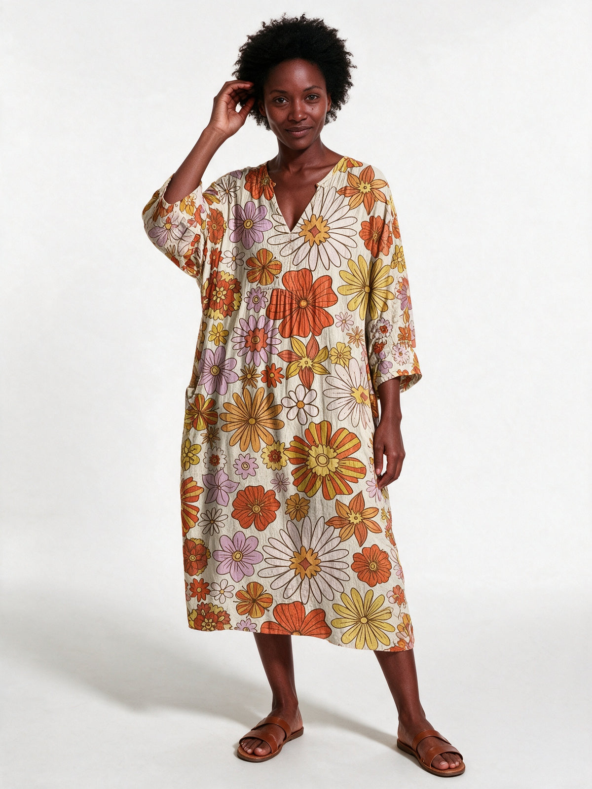 Stephanie - Printed Relaxed Fit Long Sleeve Midi Dress - Retro Daisy (Style 8)