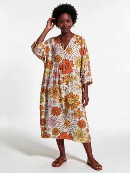 Stephanie - Printed Relaxed Fit Long Sleeve Midi Dress - Retro Daisy (Style 8)