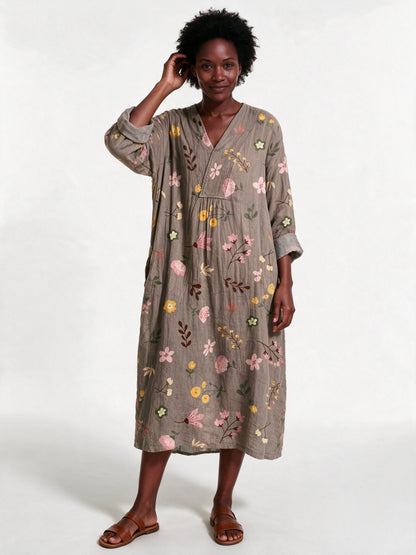 Stephanie - Printed Relaxed Fit Long Sleeve Midi Dress - Taupe Floral (Style 3)