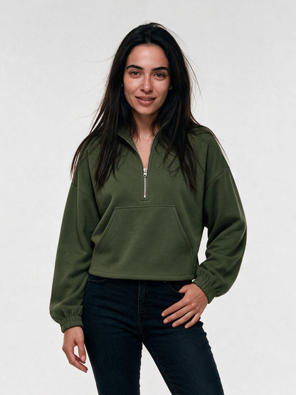 Stina - Women's Cropped Half Zip Pullover with Pocket - Army Green