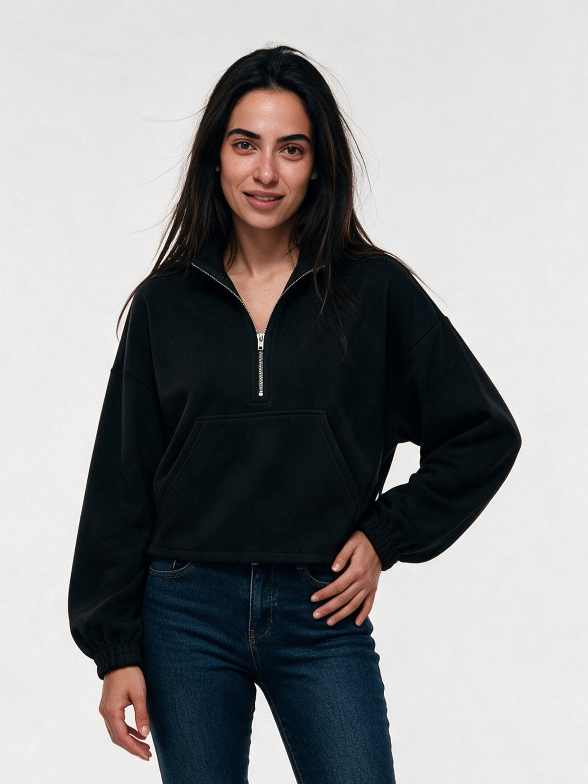 Stina - Women's Cropped Half Zip Pullover with Pocket - Black