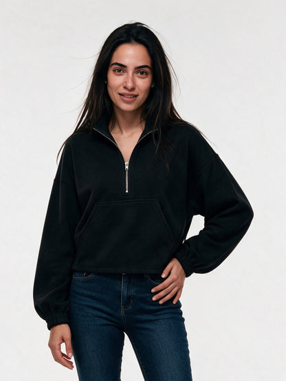 Stina - Women's Cropped Half Zip Pullover with Pocket - Black