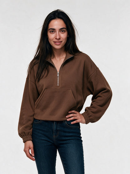 Stina - Women's Cropped Half Zip Pullover with Pocket - Brown