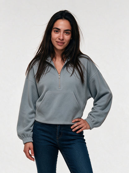 Stina - Women's Cropped Half Zip Pullover with Pocket - Grey