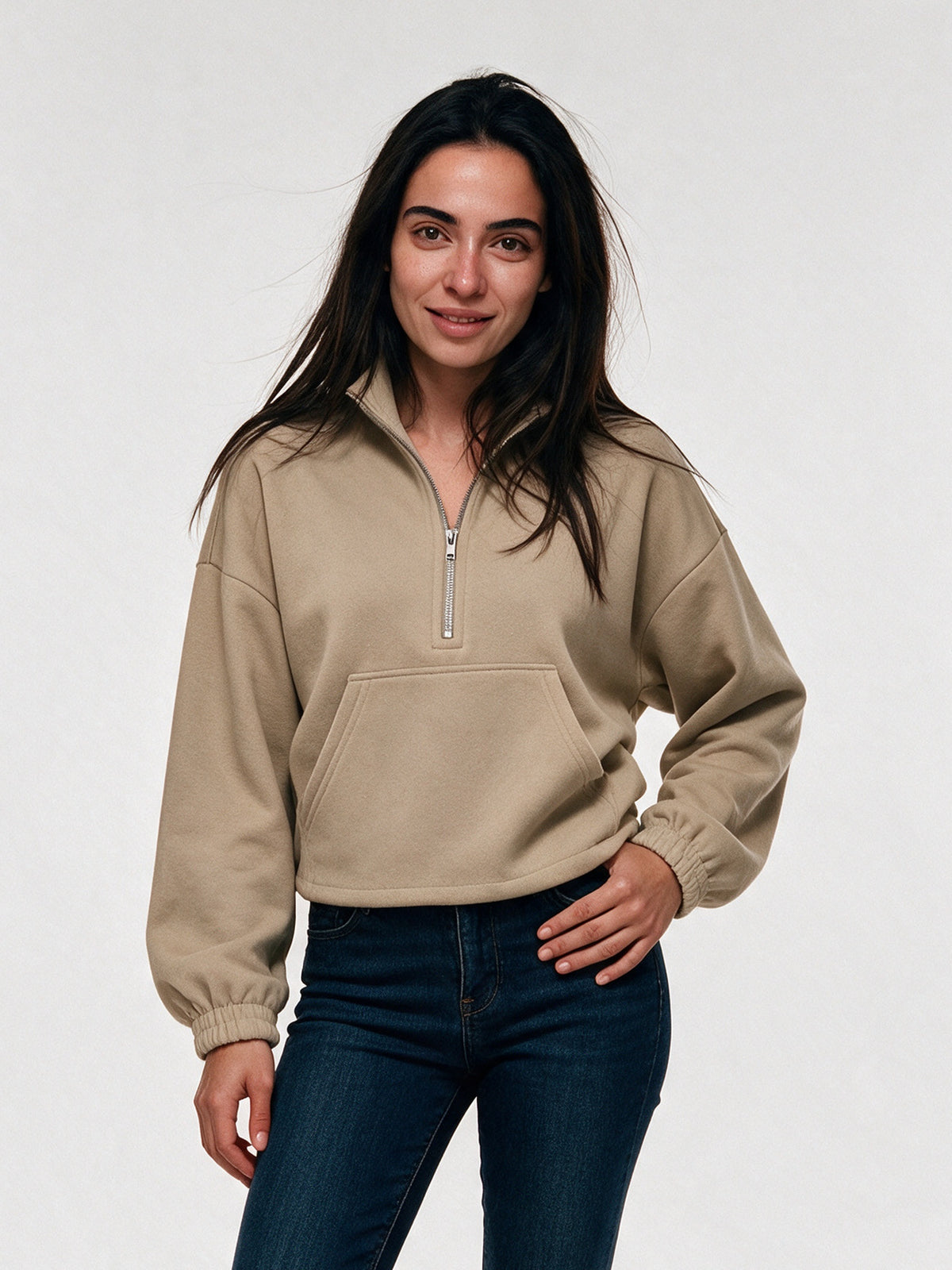 Stina - Women's Cropped Half Zip Pullover with Pocket - Khaki