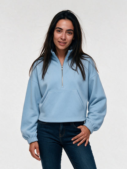Stina - Women's Cropped Half Zip Pullover with Pocket - Light Blue