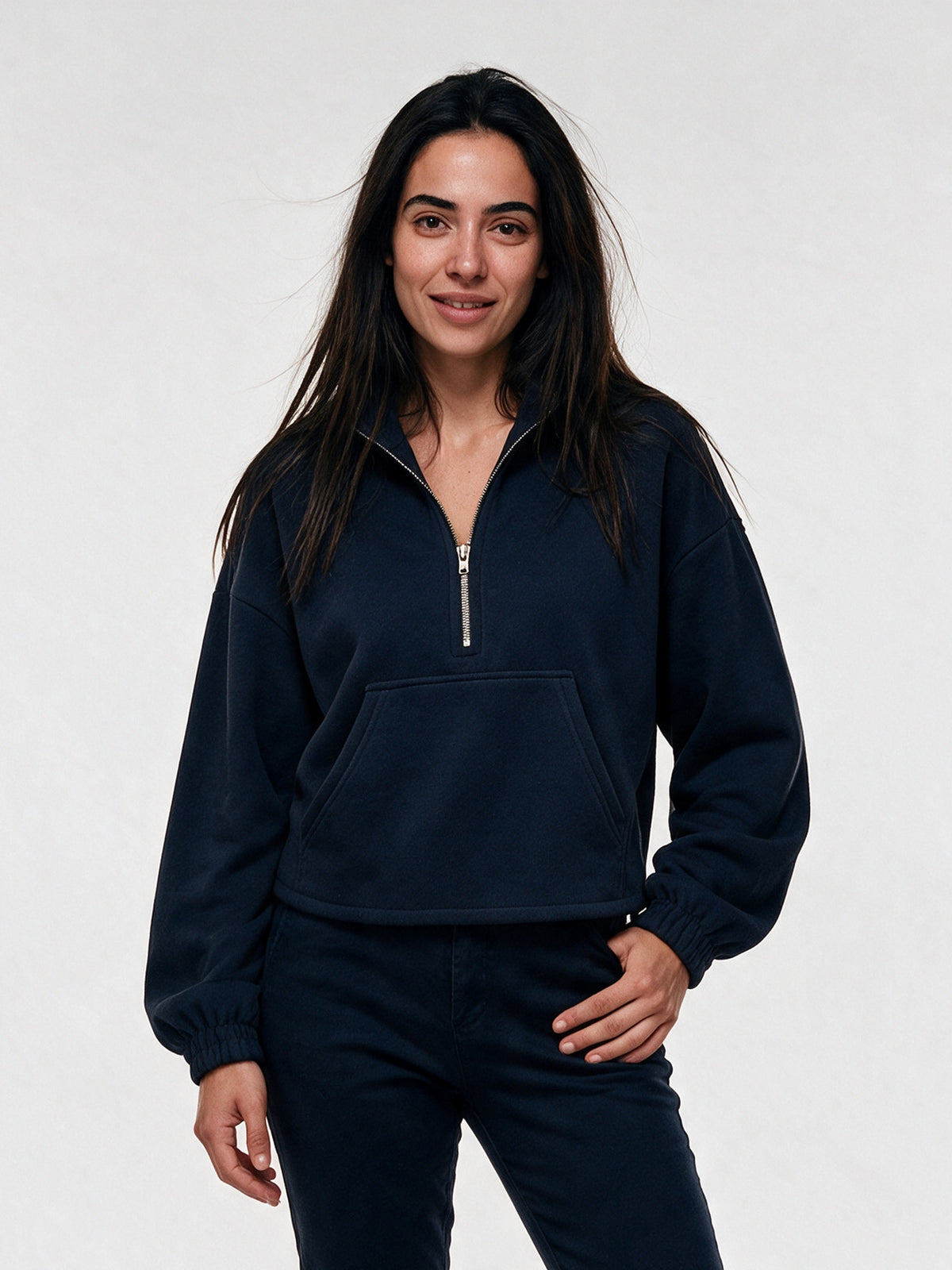 Stina - Women's Cropped Half Zip Pullover with Pocket - Navy