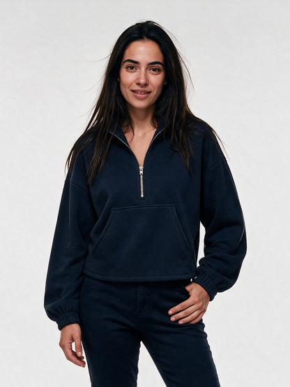 Stina - Women's Cropped Half Zip Pullover with Pocket - Navy