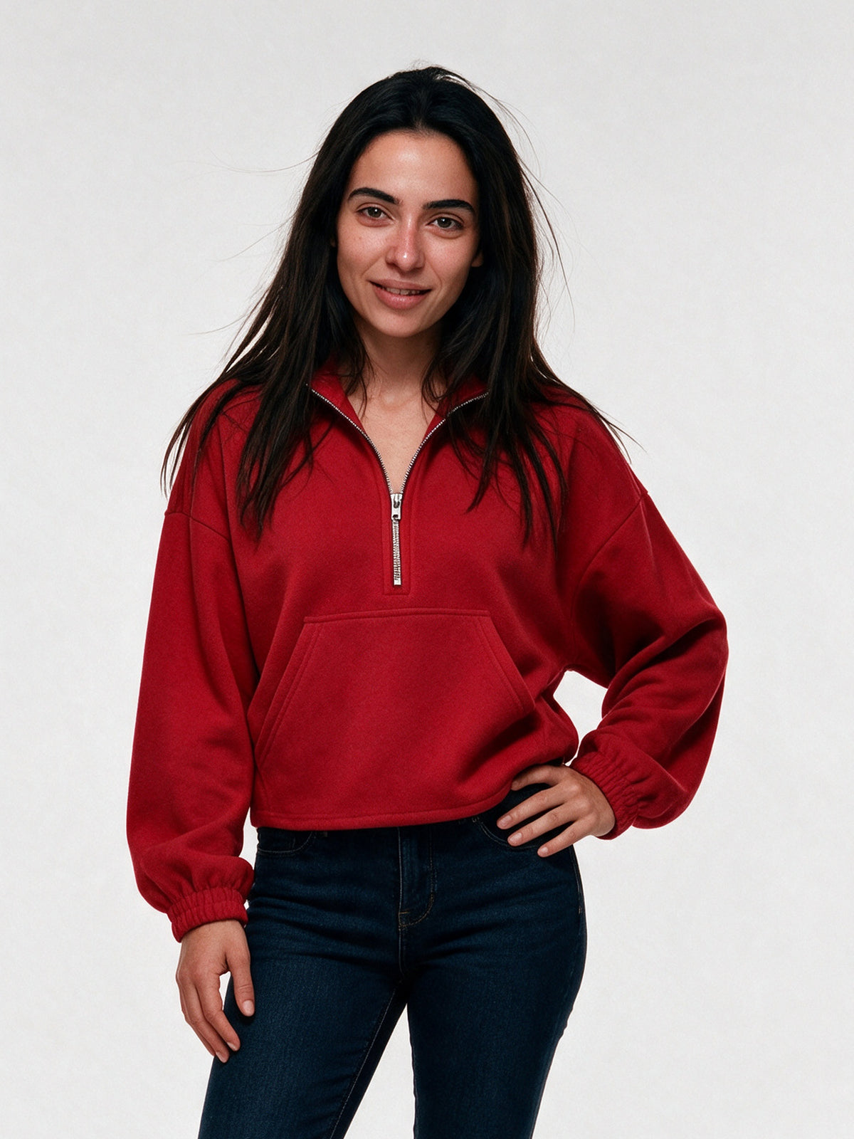 Stina - Women's Cropped Half Zip Pullover with Pocket - Red