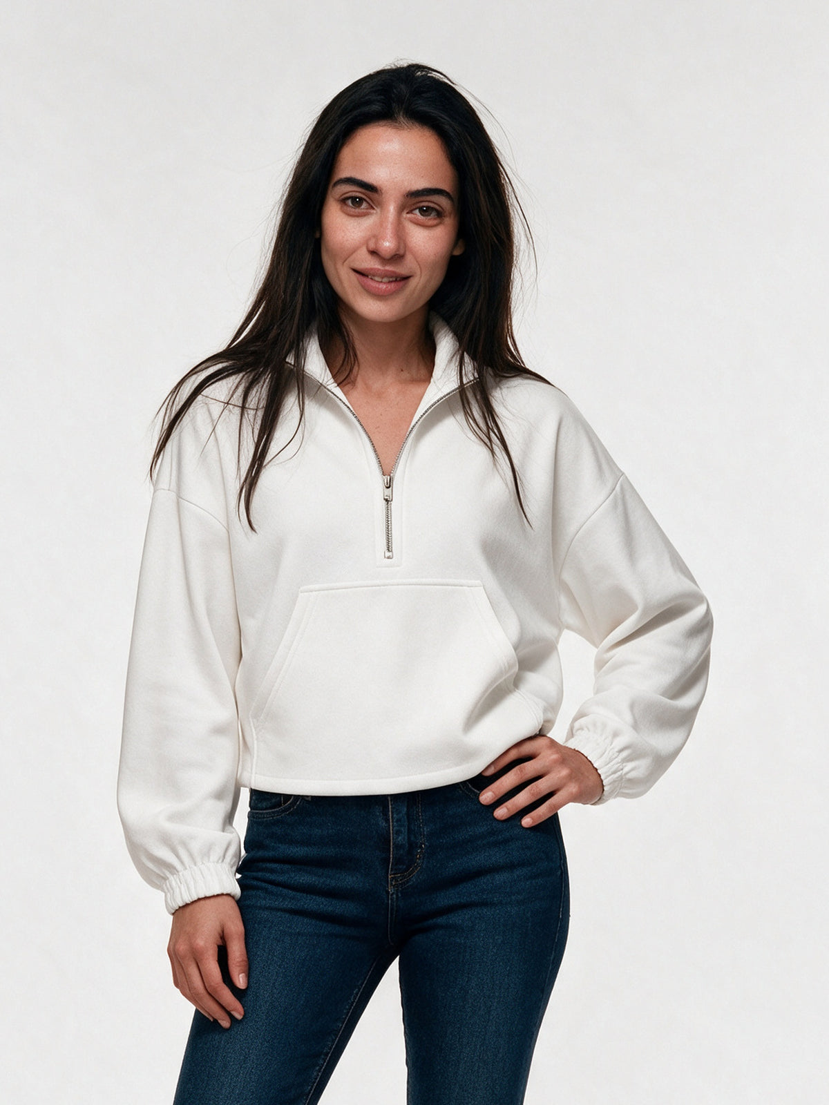 Stina - Women's Cropped Half Zip Pullover with Pocket - White
