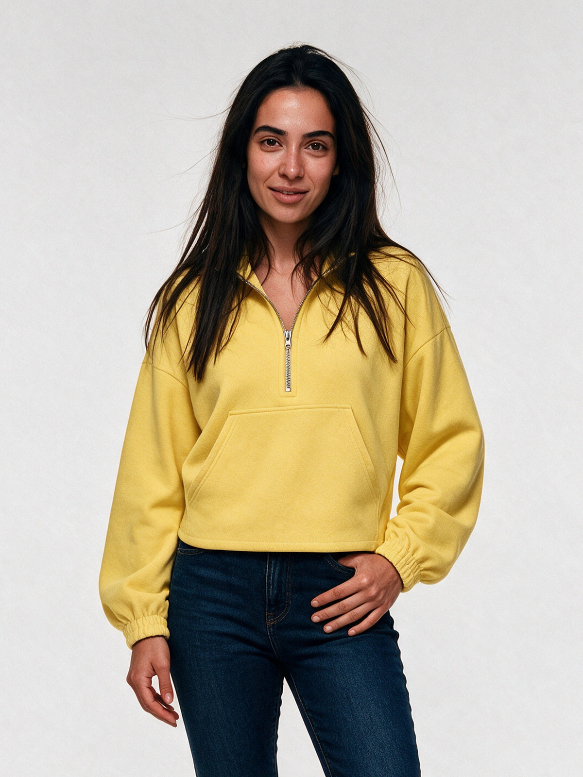 Stina - Women's Cropped Half Zip Pullover with Pocket - Yellow