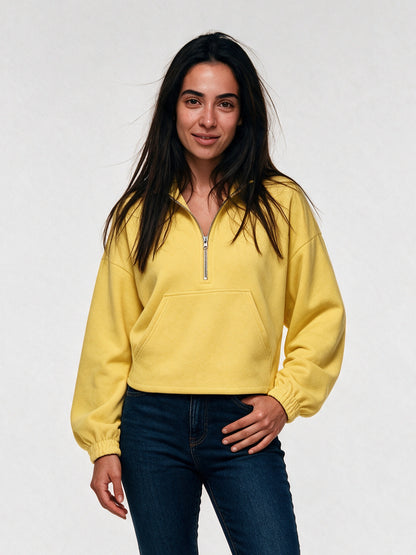 Stina - Women's Cropped Half Zip Pullover with Pocket - Yellow