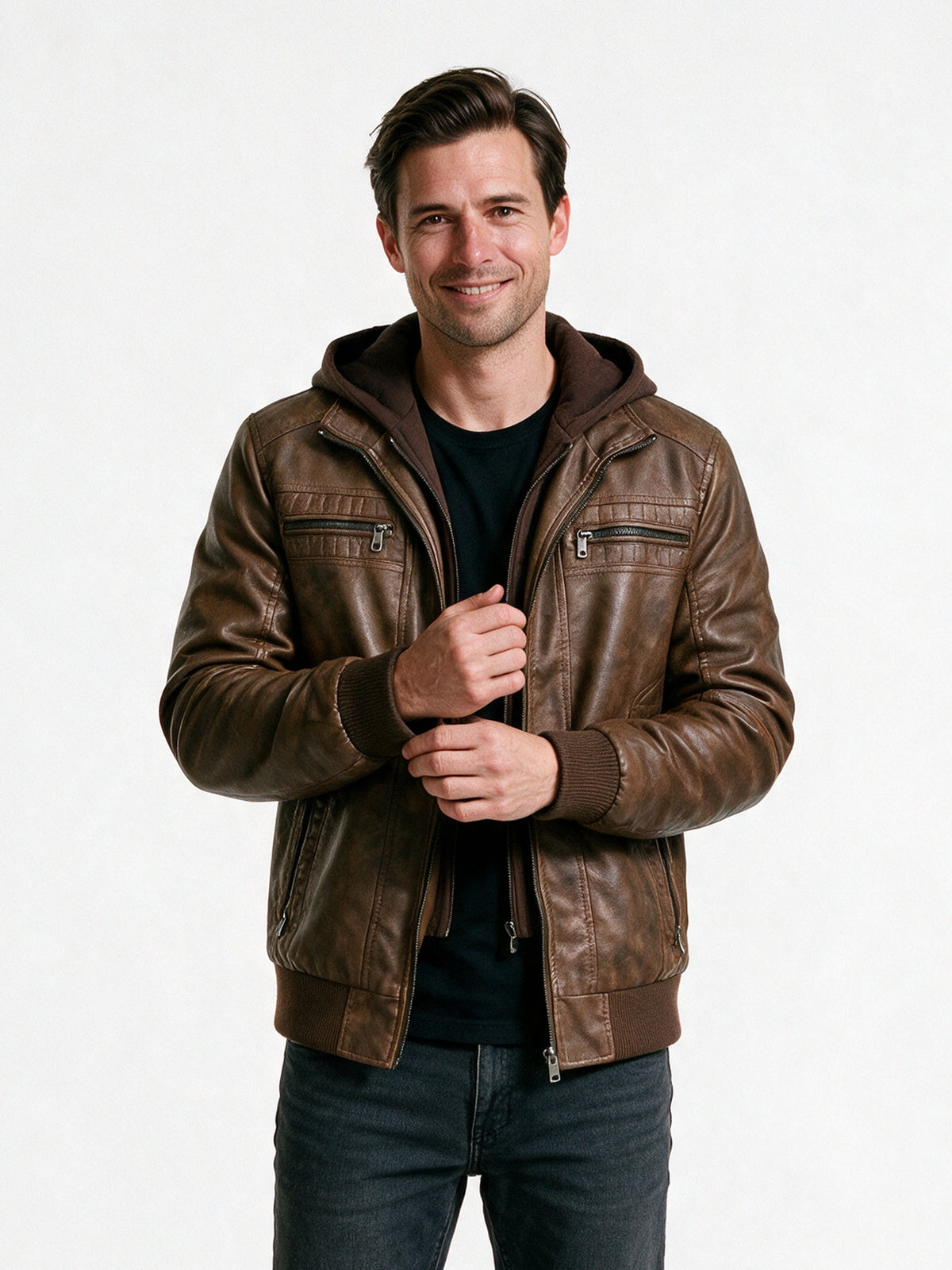 [T4, T11] Stylish Hooded Bomber Jacket for Cold Weather - Brown
