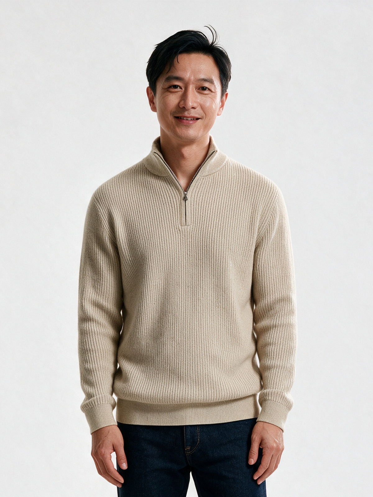 Sven - Men's Ribbed Quarter Zip Mock Neck Sweater - Beige