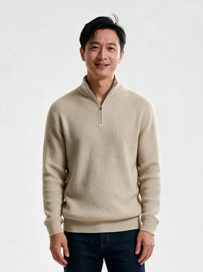 Sven - Men's Ribbed Quarter Zip Mock Neck Sweater - Beige