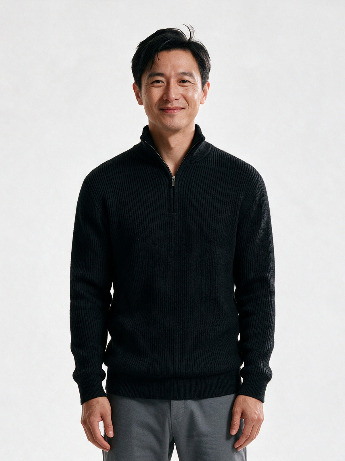 Sven - Men's Ribbed Quarter Zip Mock Neck Sweater - Black