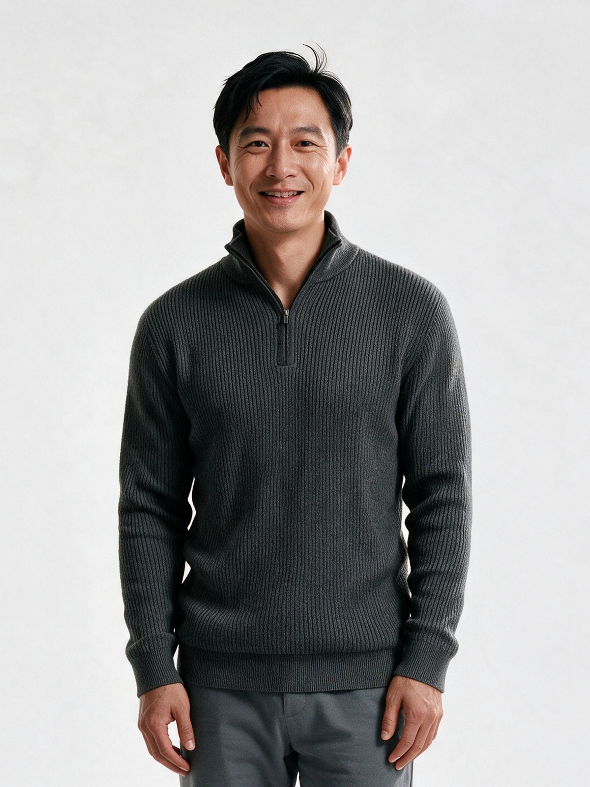 Sven - Men's Ribbed Quarter Zip Mock Neck Sweater - Dark Grey