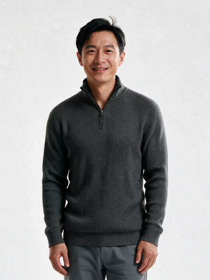 Sven - Men's Ribbed Quarter Zip Mock Neck Sweater - Dark Grey