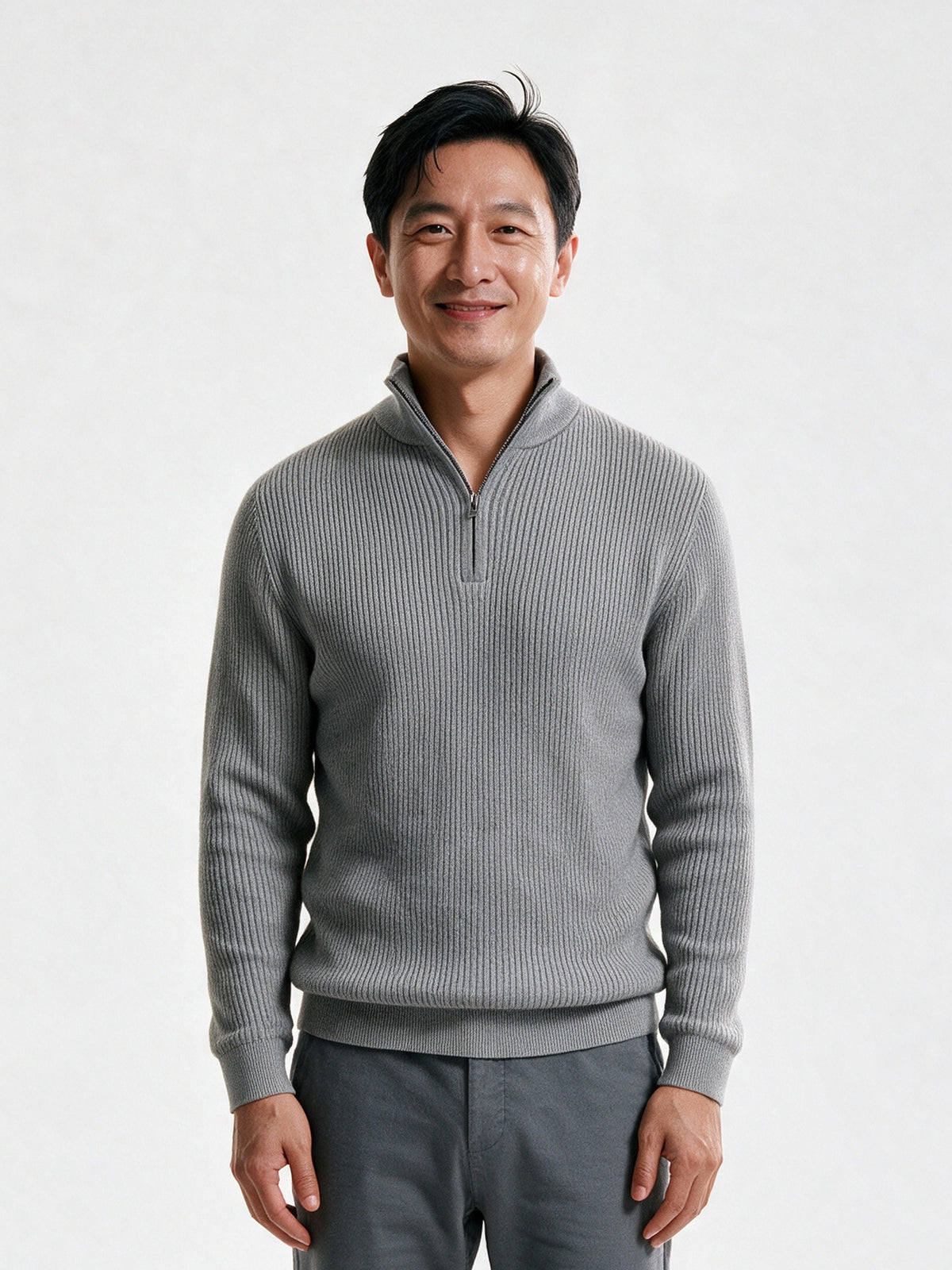 Sven - Men's Ribbed Quarter Zip Mock Neck Sweater - Light Grey