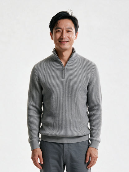 Sven - Men's Ribbed Quarter Zip Mock Neck Sweater - Light Grey