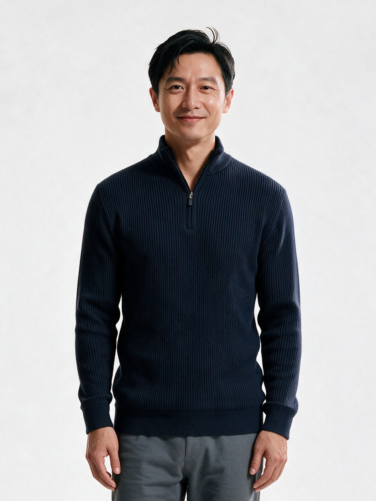 Sven - Men's Ribbed Quarter Zip Mock Neck Sweater - Navy