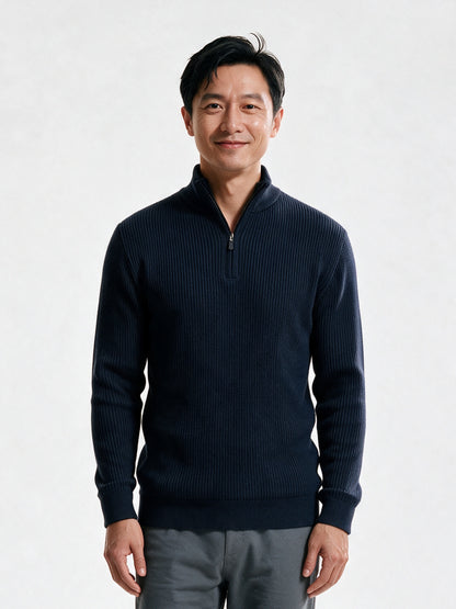 Sven - Men's Ribbed Quarter Zip Mock Neck Sweater - Navy