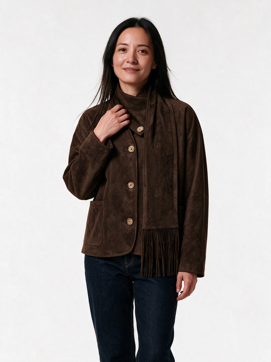 Talia - Women's Button Front Jacket with Detachable Fringe Scarf - view 1