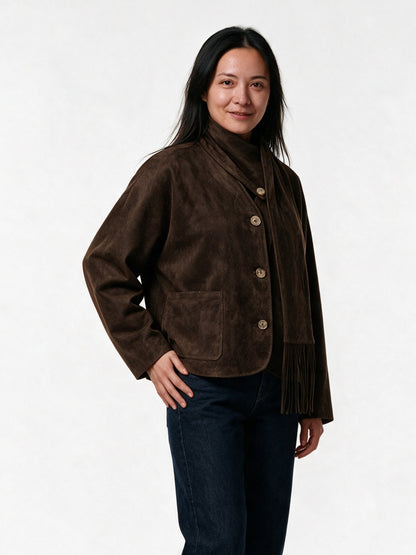 Talia - Women's Button Front Jacket with Detachable Fringe Scarf - view 2