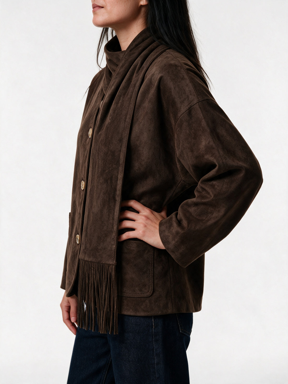 Talia - Women's Button Front Jacket with Detachable Fringe Scarf - view 3