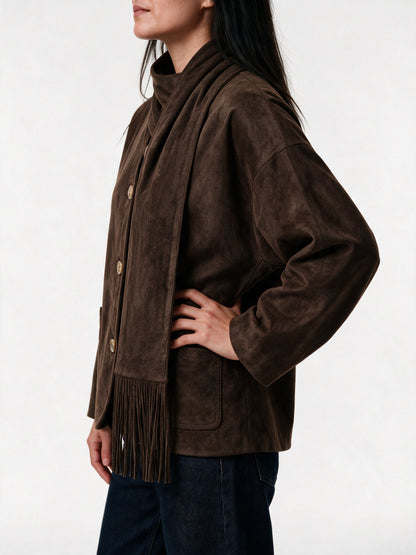 Talia - Women's Button Front Jacket with Detachable Fringe Scarf - view 3