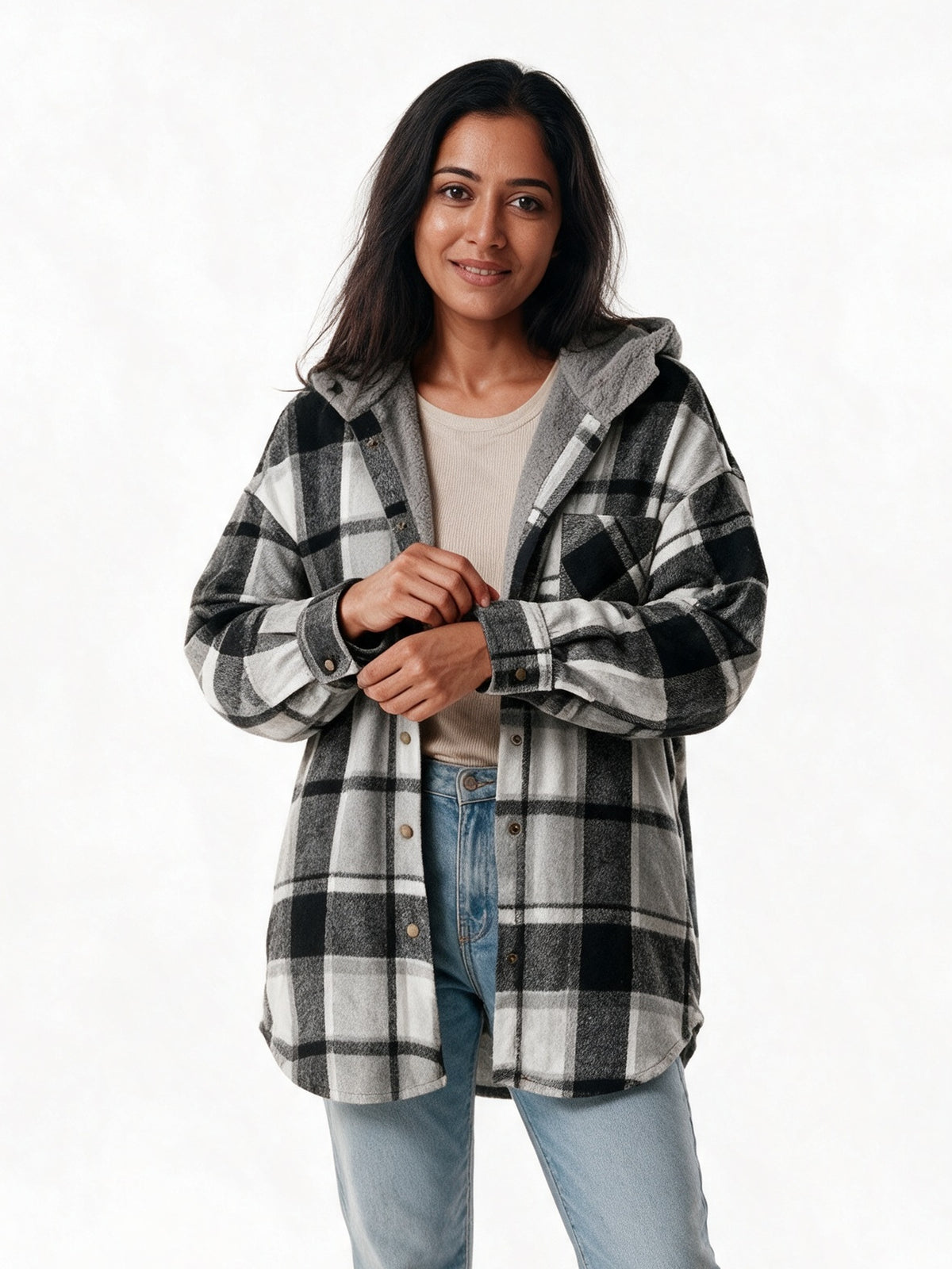 Tamsyn - Women's Hooded Plaid Shacket - Black White