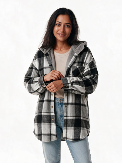 Tamsyn - Women's Hooded Plaid Shacket - Black White
