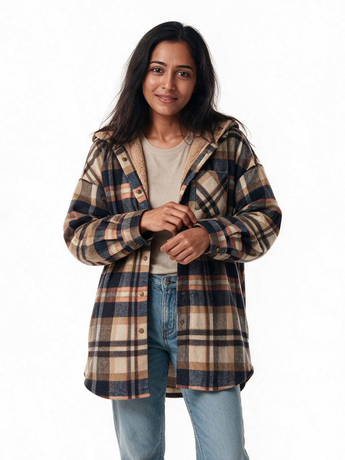 Tamsyn - Women's Hooded Plaid Shacket - Camel