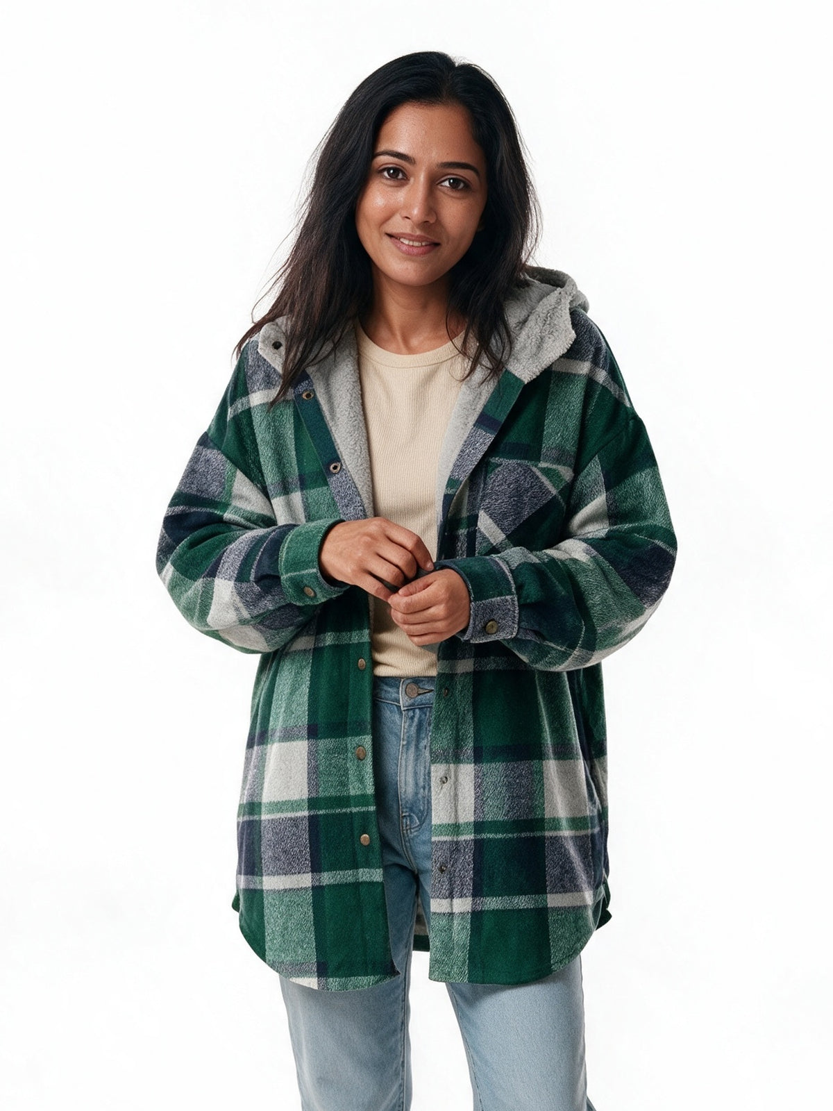 Tamsyn - Women's Hooded Plaid Shacket - Green